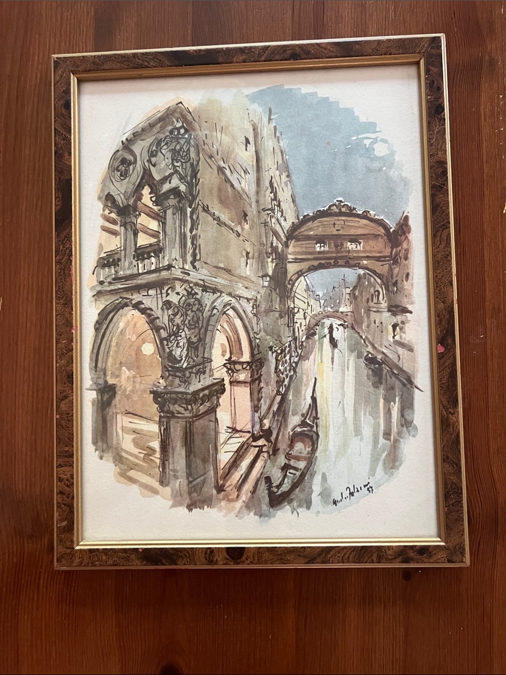 1957 Framed print Venice Canal Watercolor .
